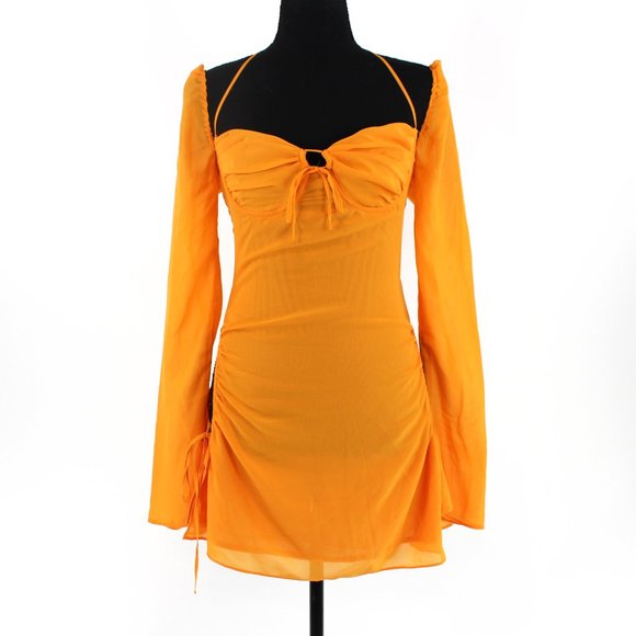House Of CB Tangerine Baby Halter Cut-Out Long Sleeve Mini Dress S Orange Small - Picture 2 of 9